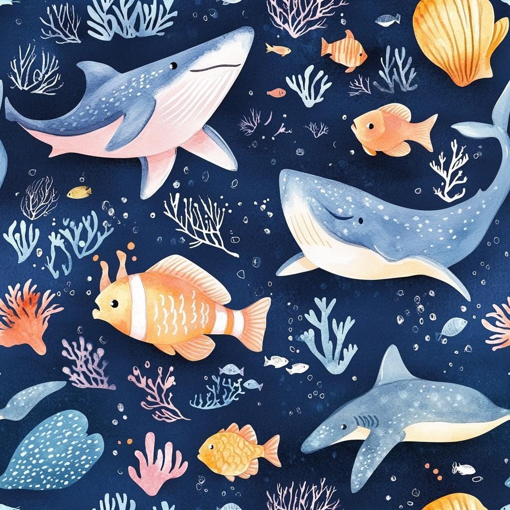 Watercolor ocean animals nursery fabric detail view