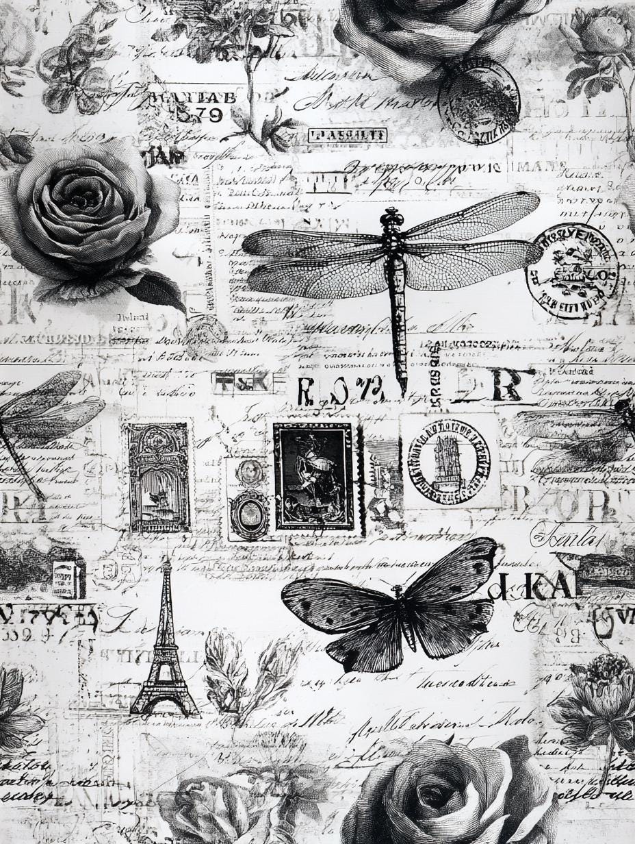 Vintage french newspaper fabric flat lay view
