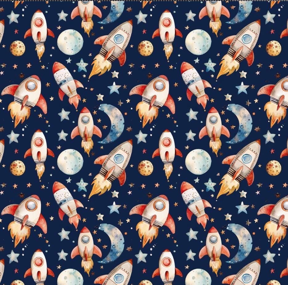 Outer space rocket galaxy nursery fabric detail view