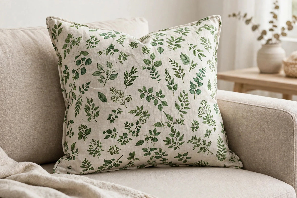 Leaf Print Linen — Lifestyle cushion view