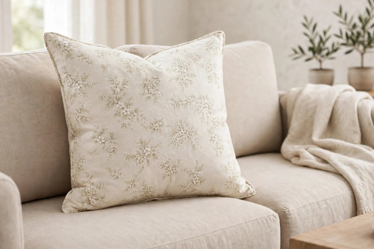 Porcelain Blossom Floral Cotton — Lifestyle cushion view