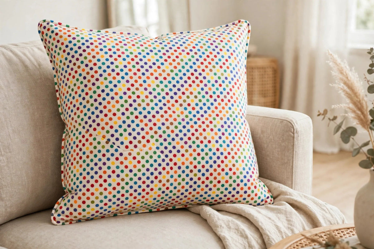 Rainbow Polka Dot Cotton — Lifestyle cushion view