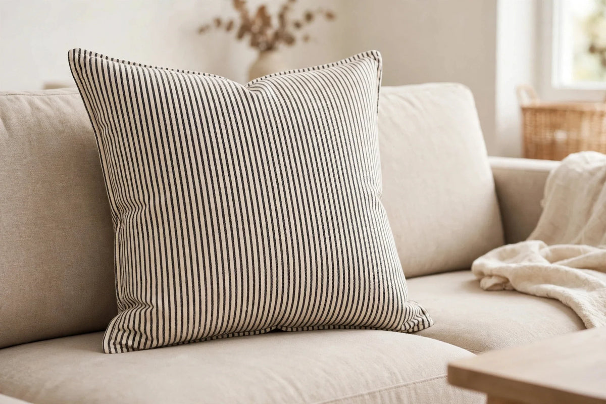 Ticking Stripe Cotton — Lifestyle cushion view