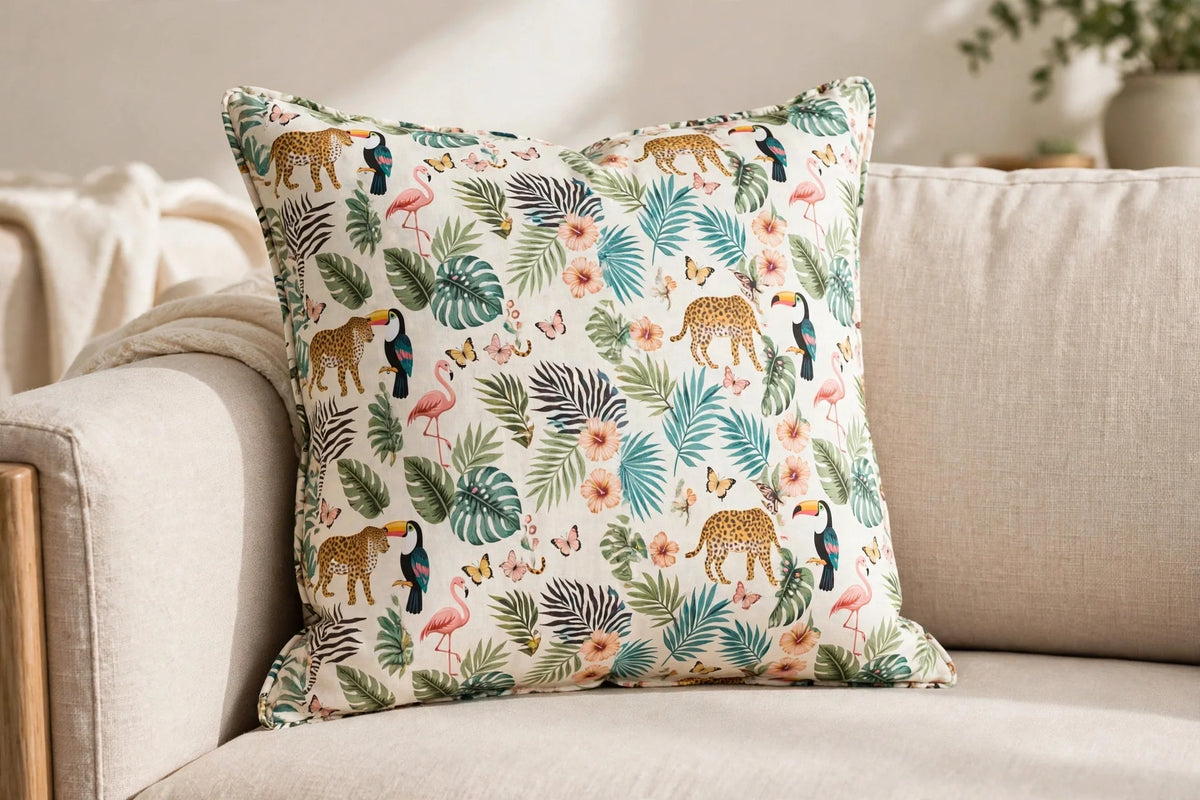 Tropical Animal Print Cotton — Lifestyle cushion view