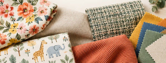 Fabric swatches and folded fabrics — order a 5 inch by 5 inch swatch to check color, texture and drape before buying yardage