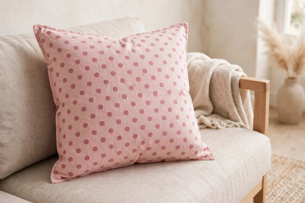 Blush Polka Dot Cotton — Lifestyle cushion view