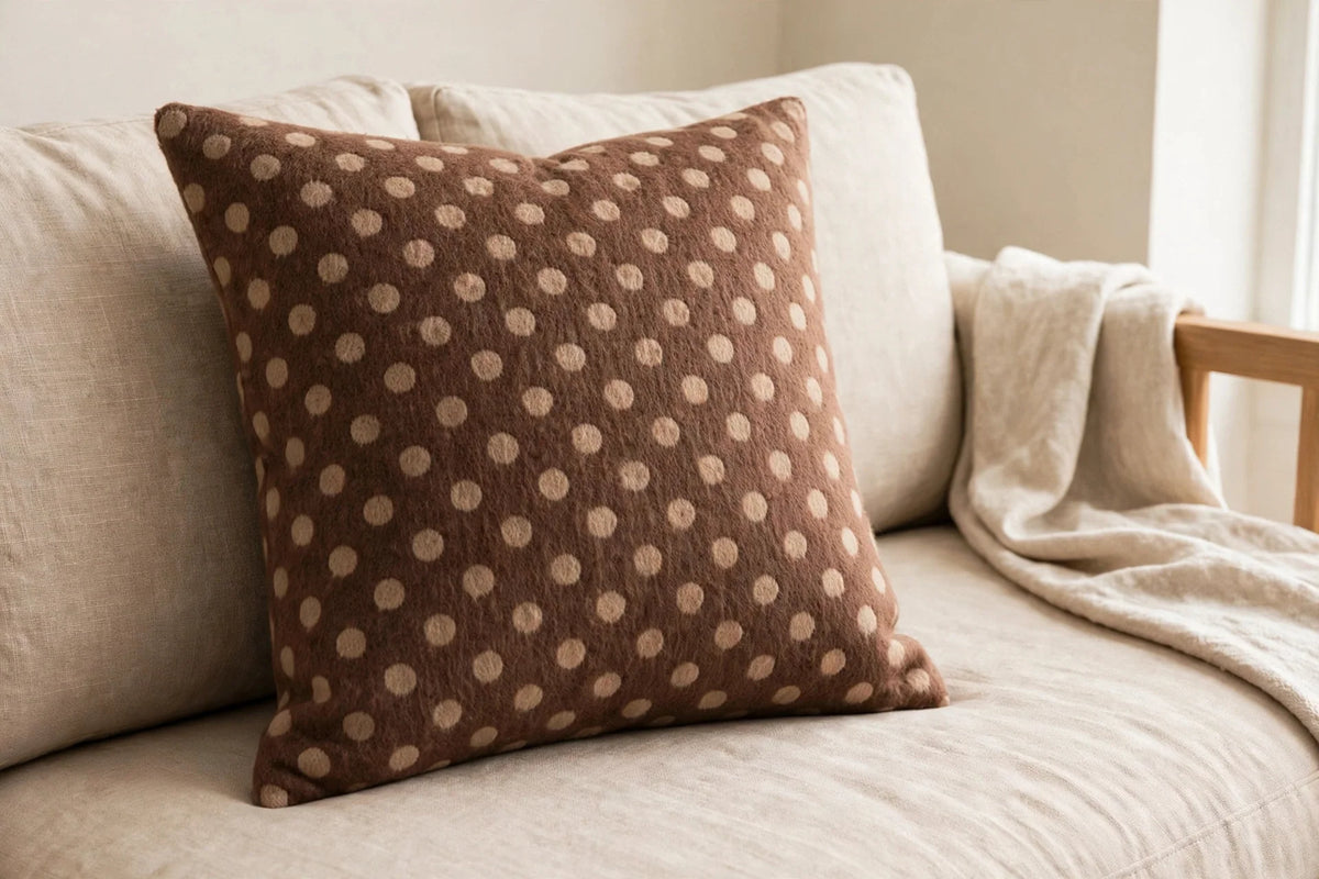 Cocoa Polka Dot Flannel — Lifestyle cushion view