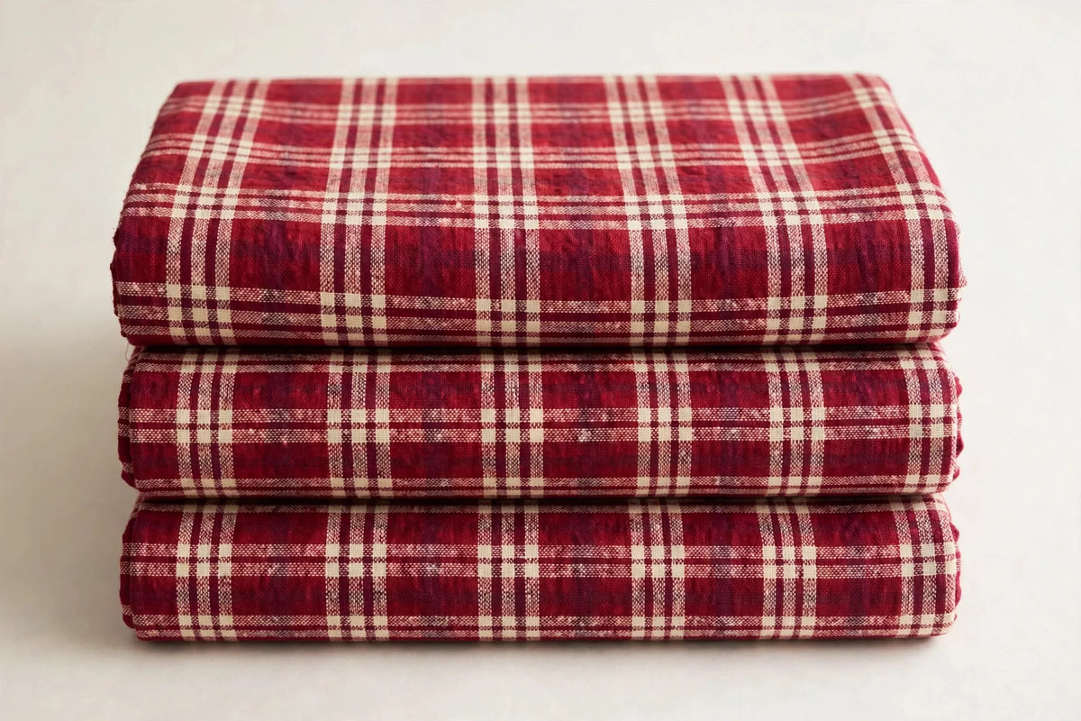 Cranberry Plaid Cotton — Folded stack view