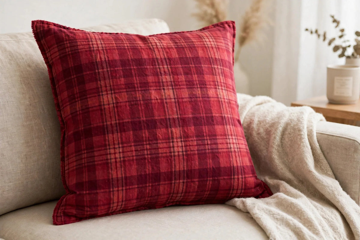 Cranberry Plaid Cotton — Lifestyle cushion view