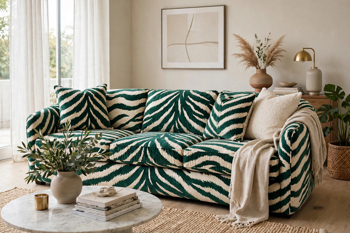Emerald Tiger Stripe Velvet upholstery fabric on sofa