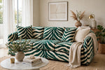 Emerald Tiger Stripe Velvet upholstery fabric on sofa