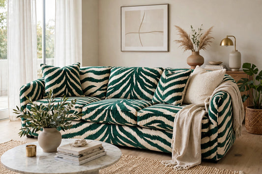 Emerald Tiger Stripe Velvet upholstery fabric on sofa