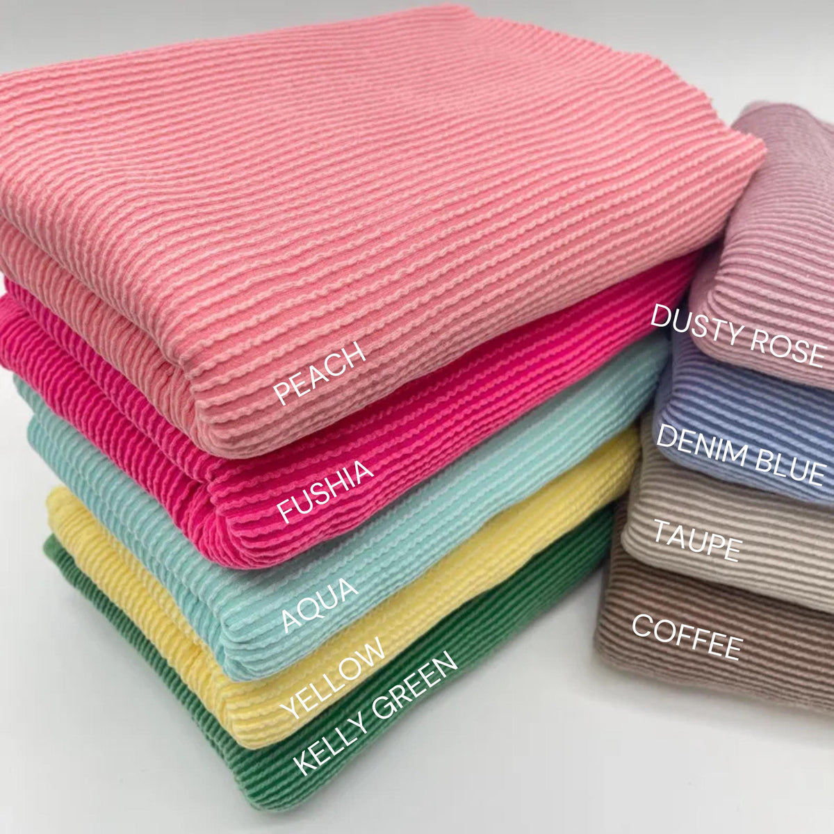 Waved urban rib knit fabric by the yard - color chart: peach, fuchsia, aqua, yellow, kelly green, dusty rose, denim blue, taupe, coffee