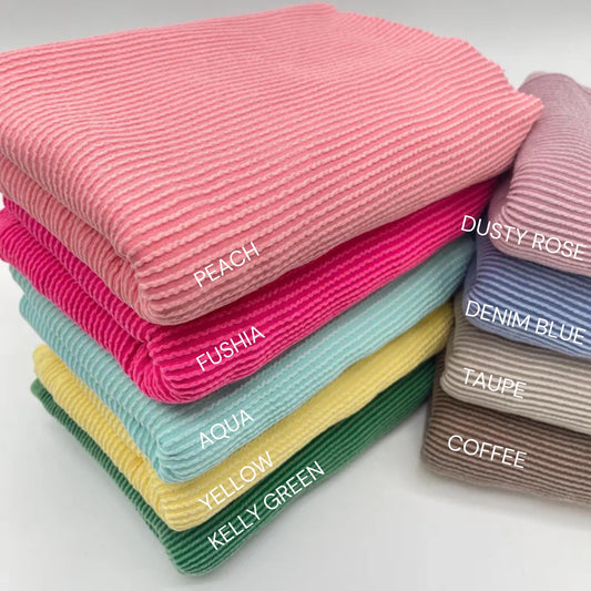 Waved urban rib knit fabric by the yard - color chart: peach, fuchsia, aqua, yellow, kelly green, dusty rose, denim blue, taupe, coffee