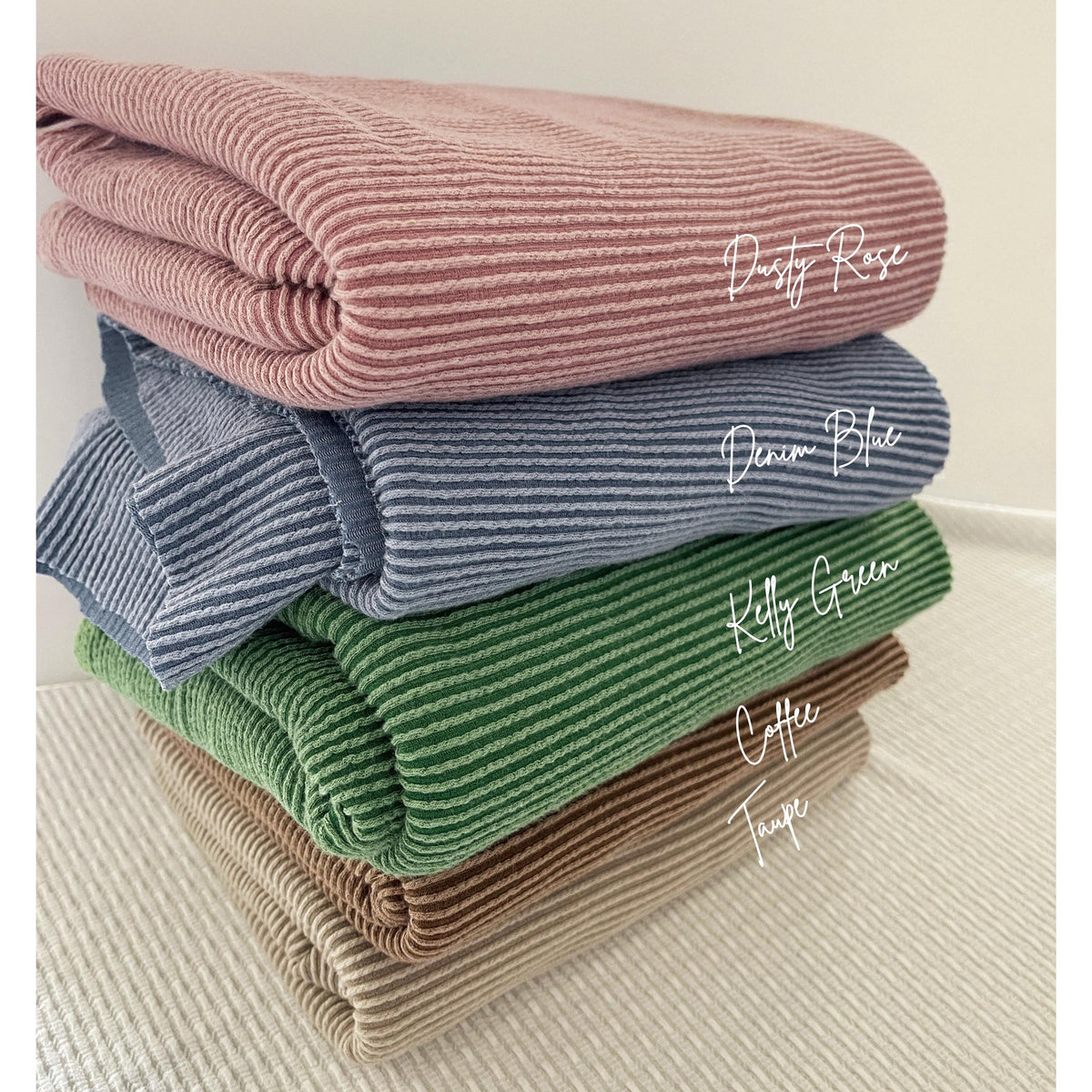Waved urban rib knit fabric by the yard - dusty rose, denim blue, kelly green, coffee, taupe colorways