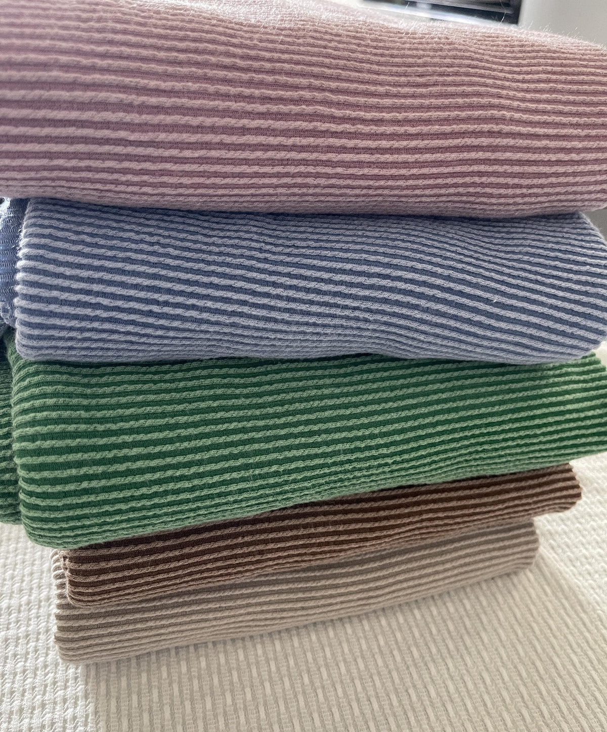 Waved urban rib knit fabric by the yard - dusty rose, denim blue, kelly green, coffee, taupe texture detail