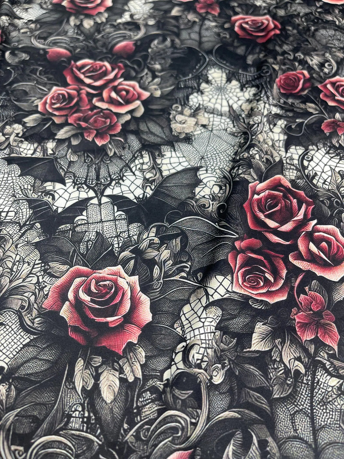 Whimsical gothic seamless fabric close-up texture detail