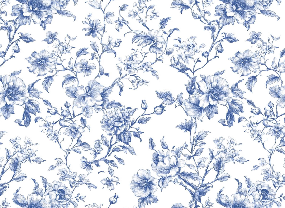 Blue french toile fabric close-up texture detail