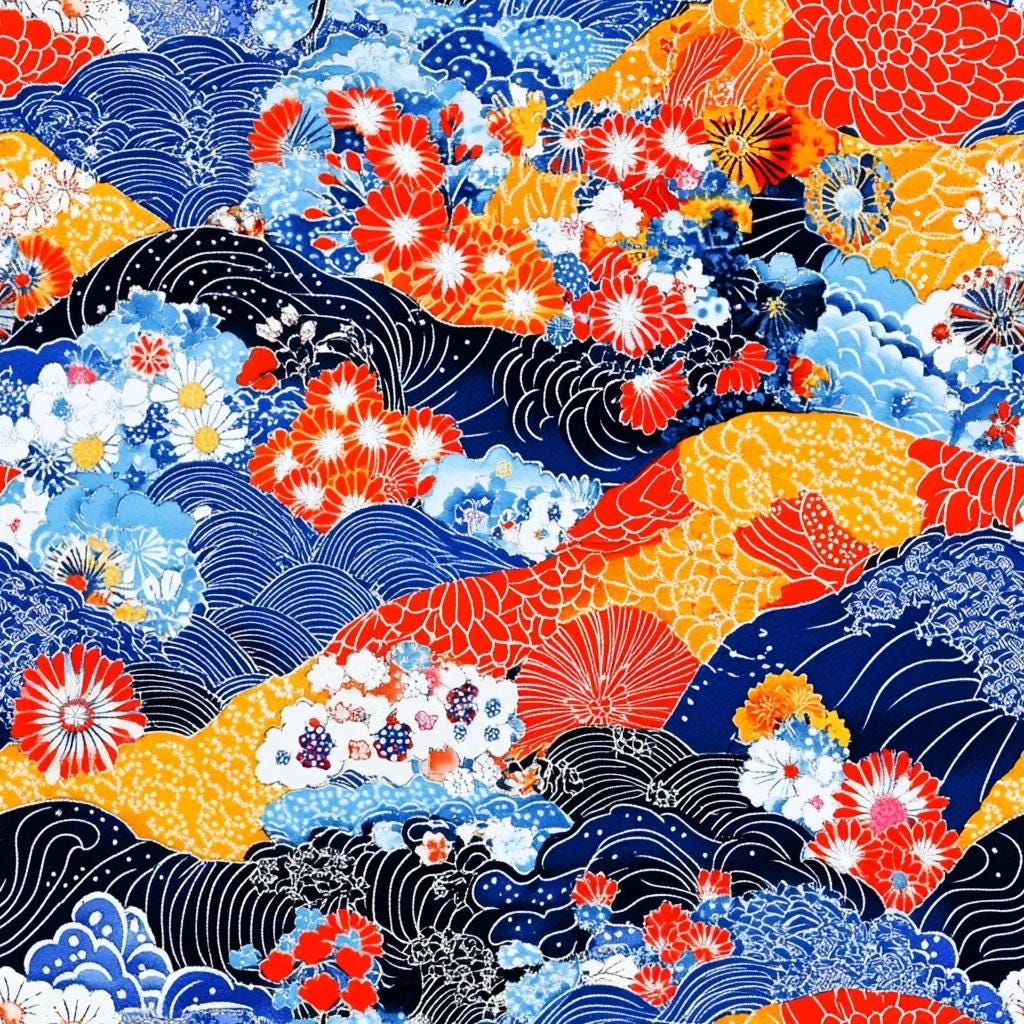 Red and blue kimono print fabric