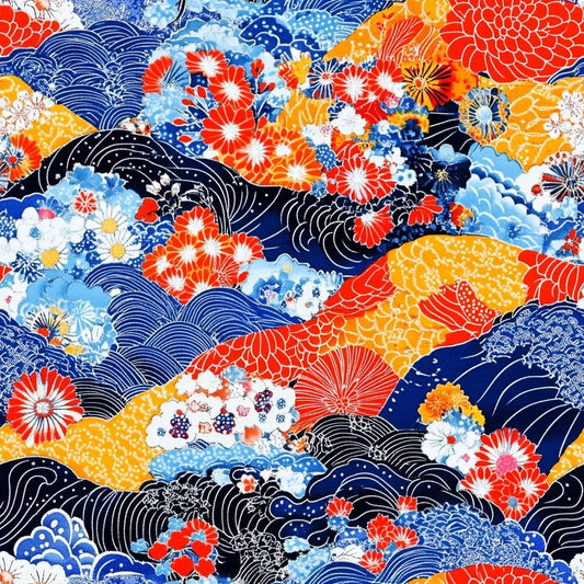 Red and blue kimono print fabric