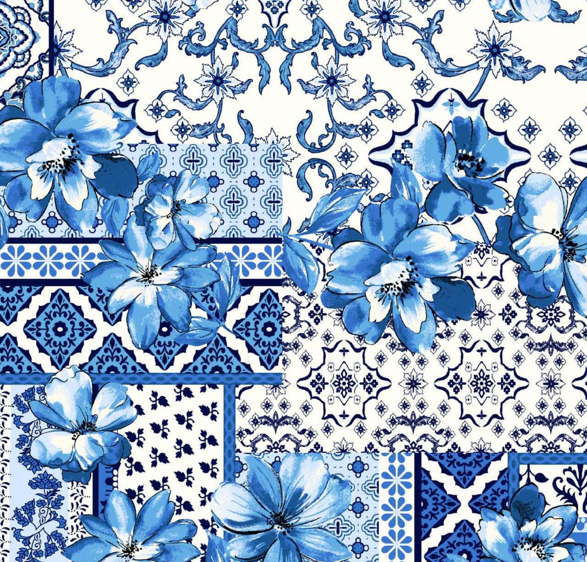 Blue majolica sicilian tile fabric draped view
