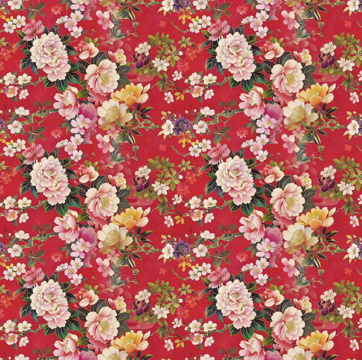 Red peony cherry blossom japanese fabric draped view