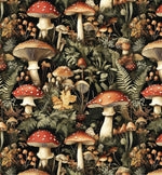 Dark moody mushroom forest fabric flat lay view
