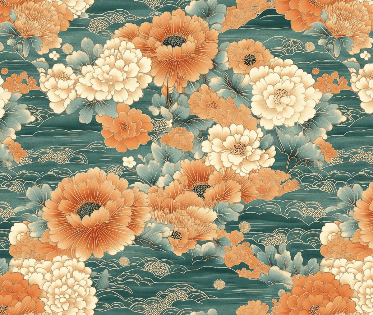 Teal orange japanese fabric draped view