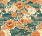 Teal orange japanese fabric draped view