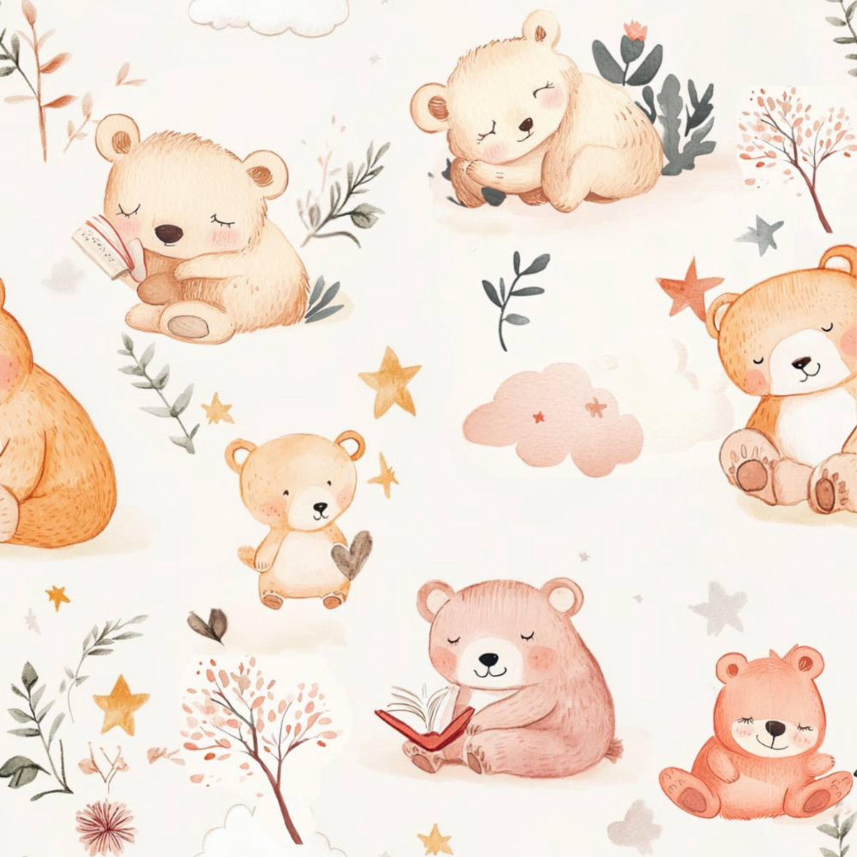 Baby bear family nursery fabric close-up texture detail