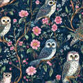 Moon garden owl floral satin fabric