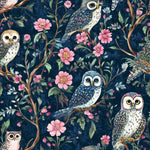 Moon garden owl floral satin fabric