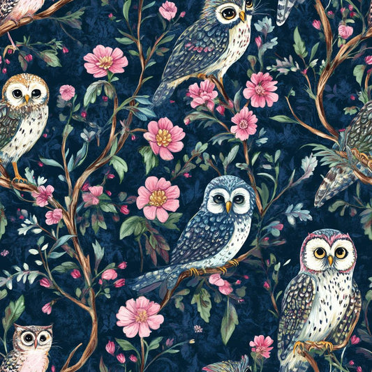 Moon garden owl floral satin fabric