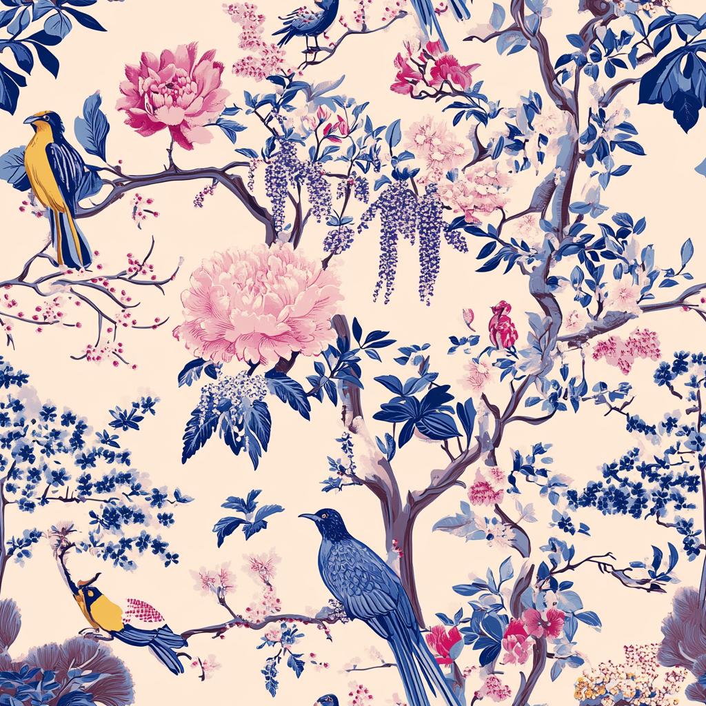 Wisteria bird chinoiserie fabric