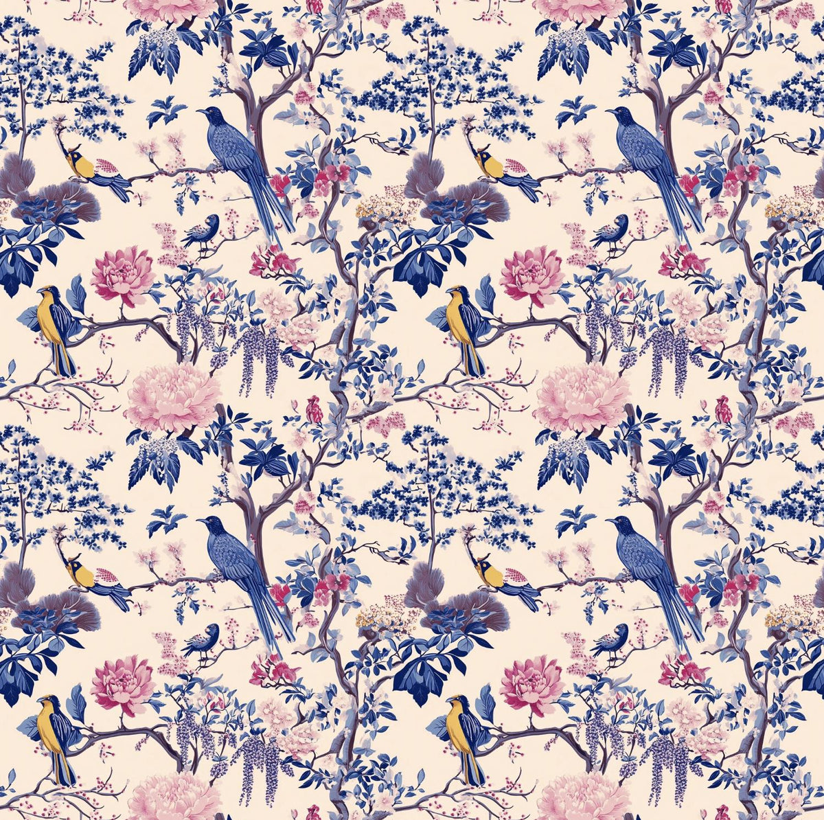 Wisteria bird chinoiserie fabric draped view