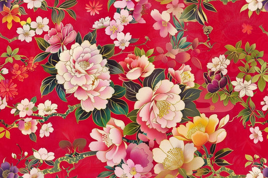 Red peony cherry blossom japanese fabric