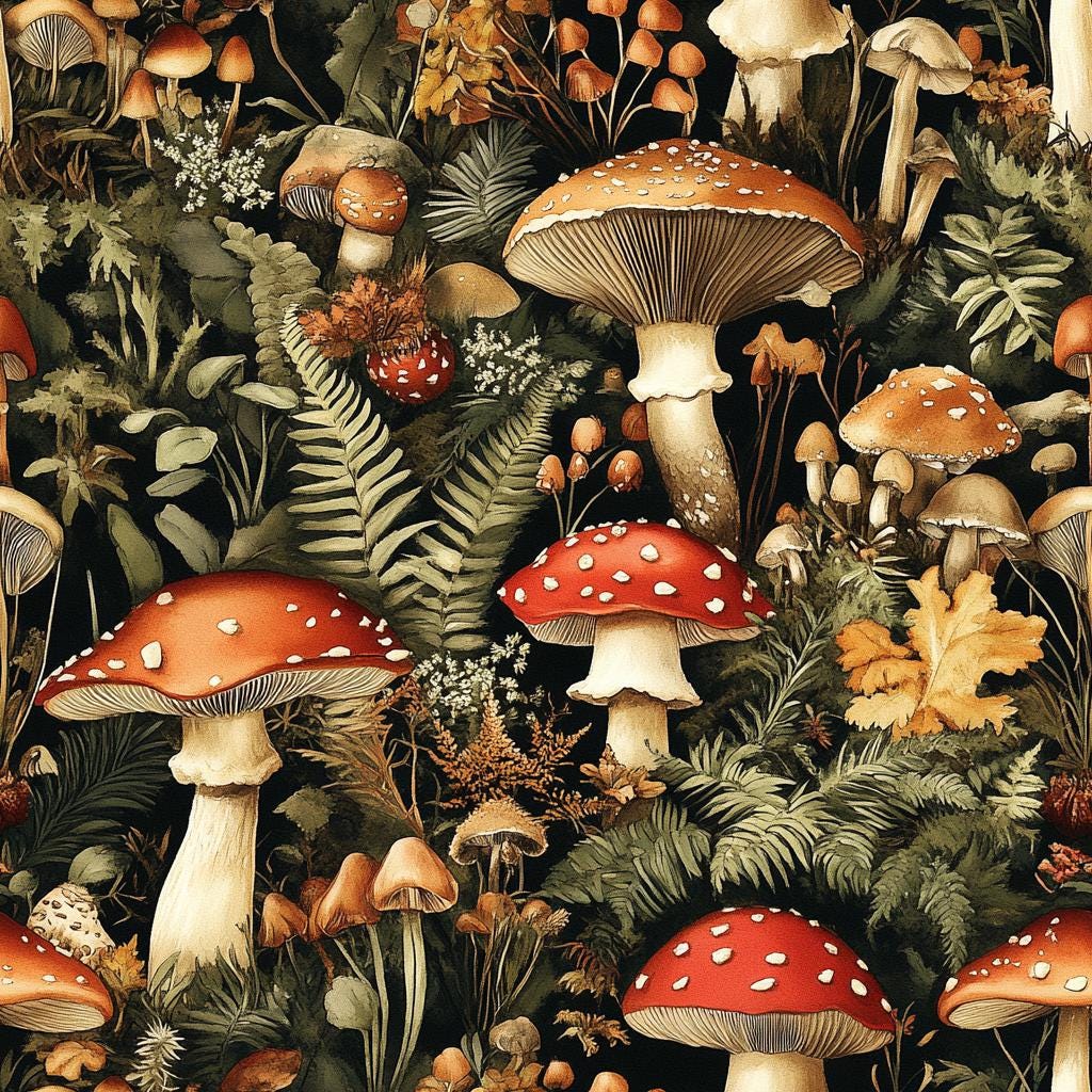 Dark moody mushroom forest fabric