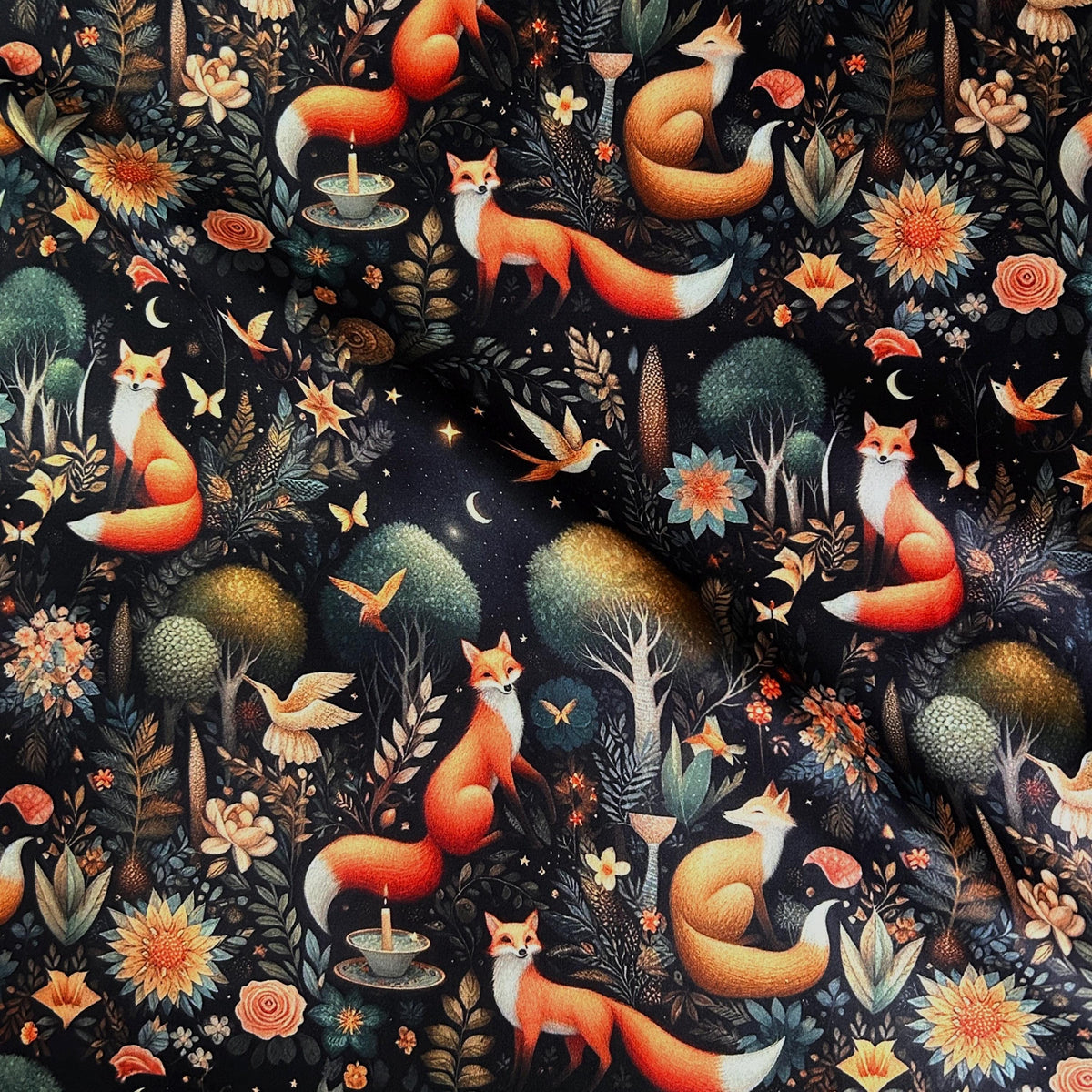Wild forest fox woodland fabric flat lay view