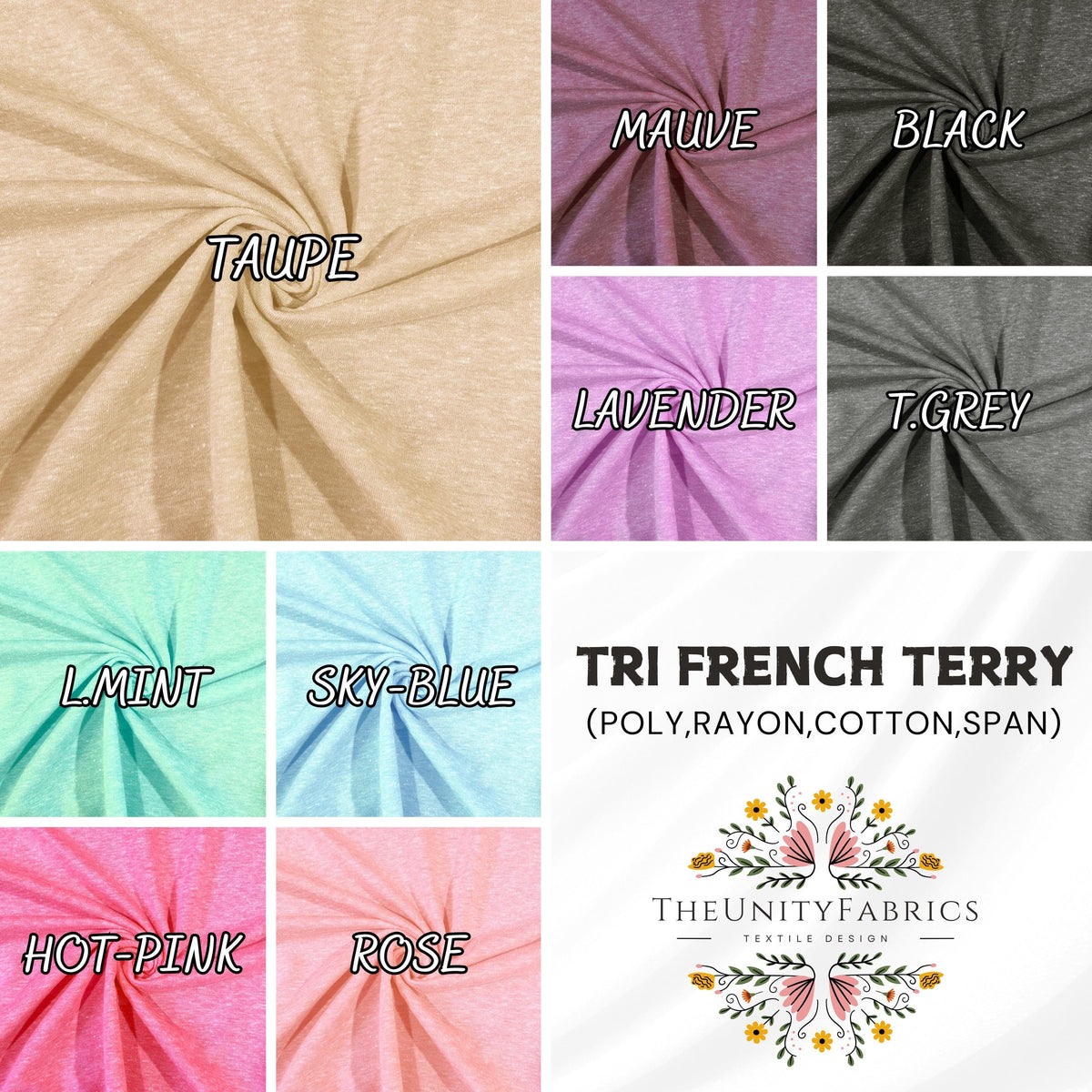 Tri-color french terry fabric draped view