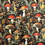 Dark moody mushroom forest fabric detail view