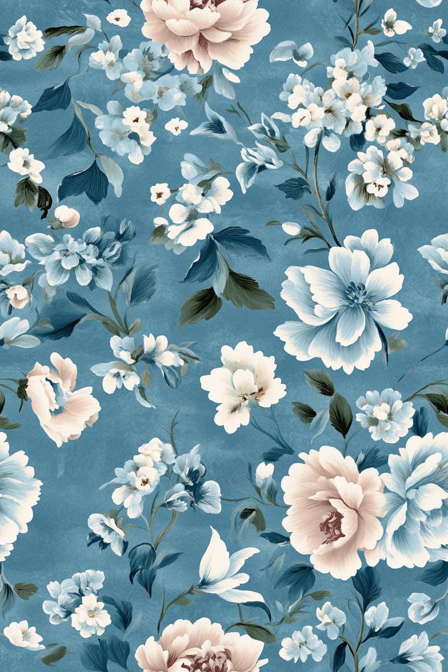 Vintage blue peony floral fabric draped view