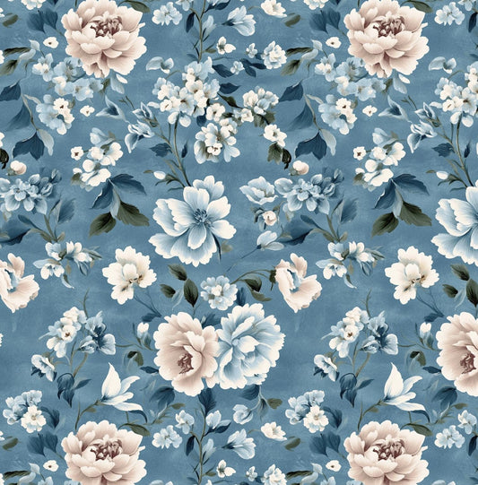Vintage blue peony floral fabric