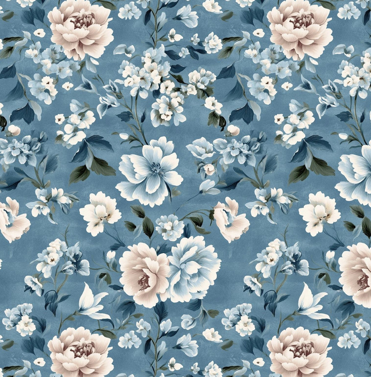 Vintage blue peony floral fabric close-up texture detail