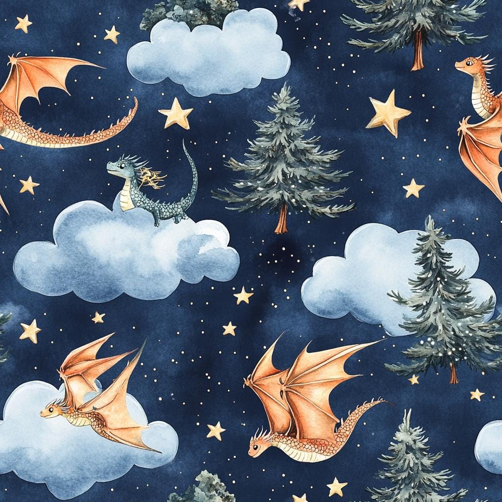 Night fantasy baby dragon fabric draped view
