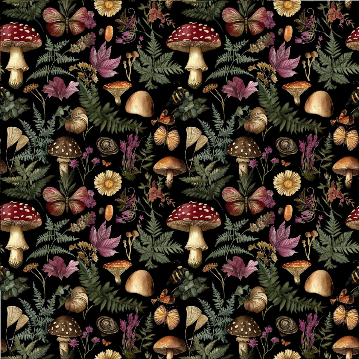 Rustic mushroom botanical fabric draped view