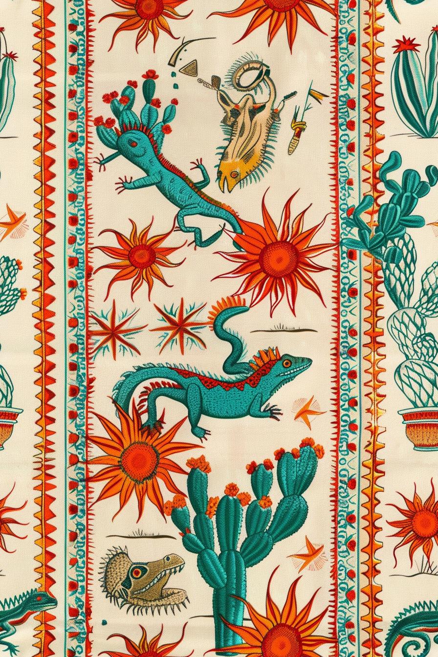 Mexican desert southwestern fabric flat lay view