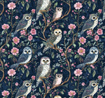 Moon garden owl floral satin fabric draped view