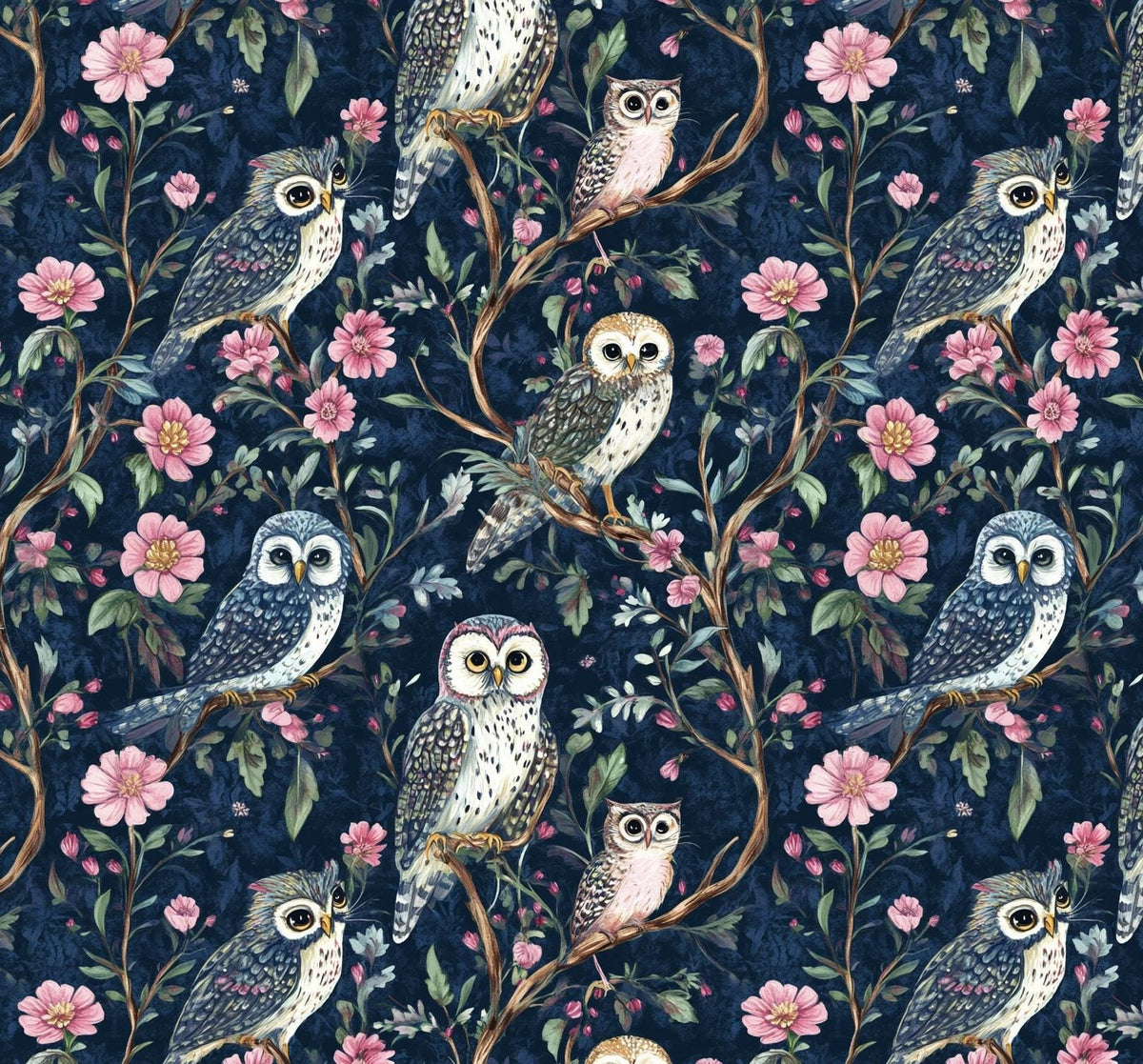 Moon garden owl floral satin fabric draped view