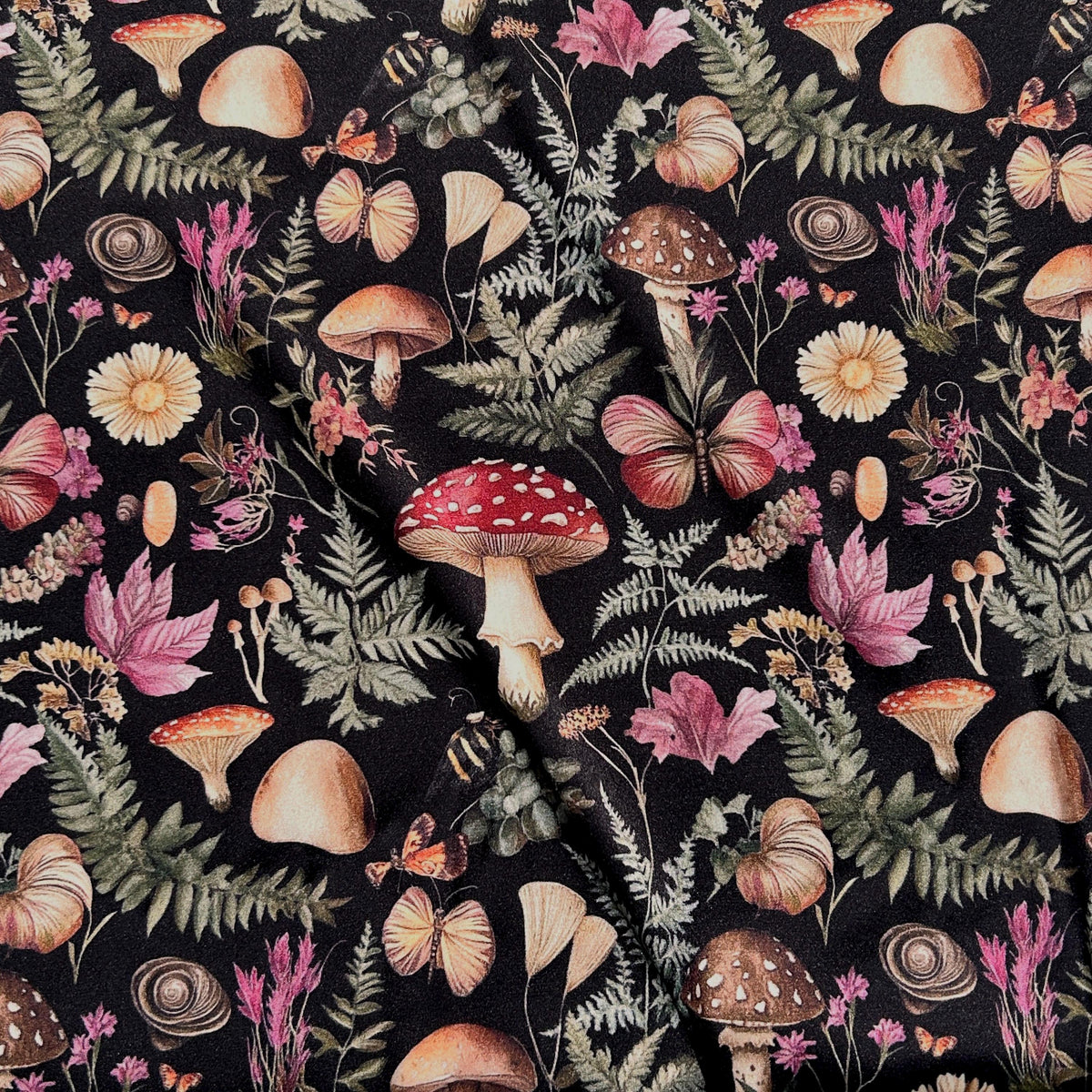 Rustic mushroom botanical fabric flat lay view
