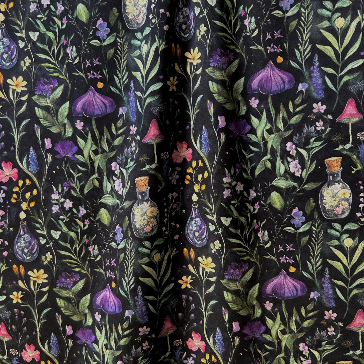 Magical herbs botanical fabric flat lay view